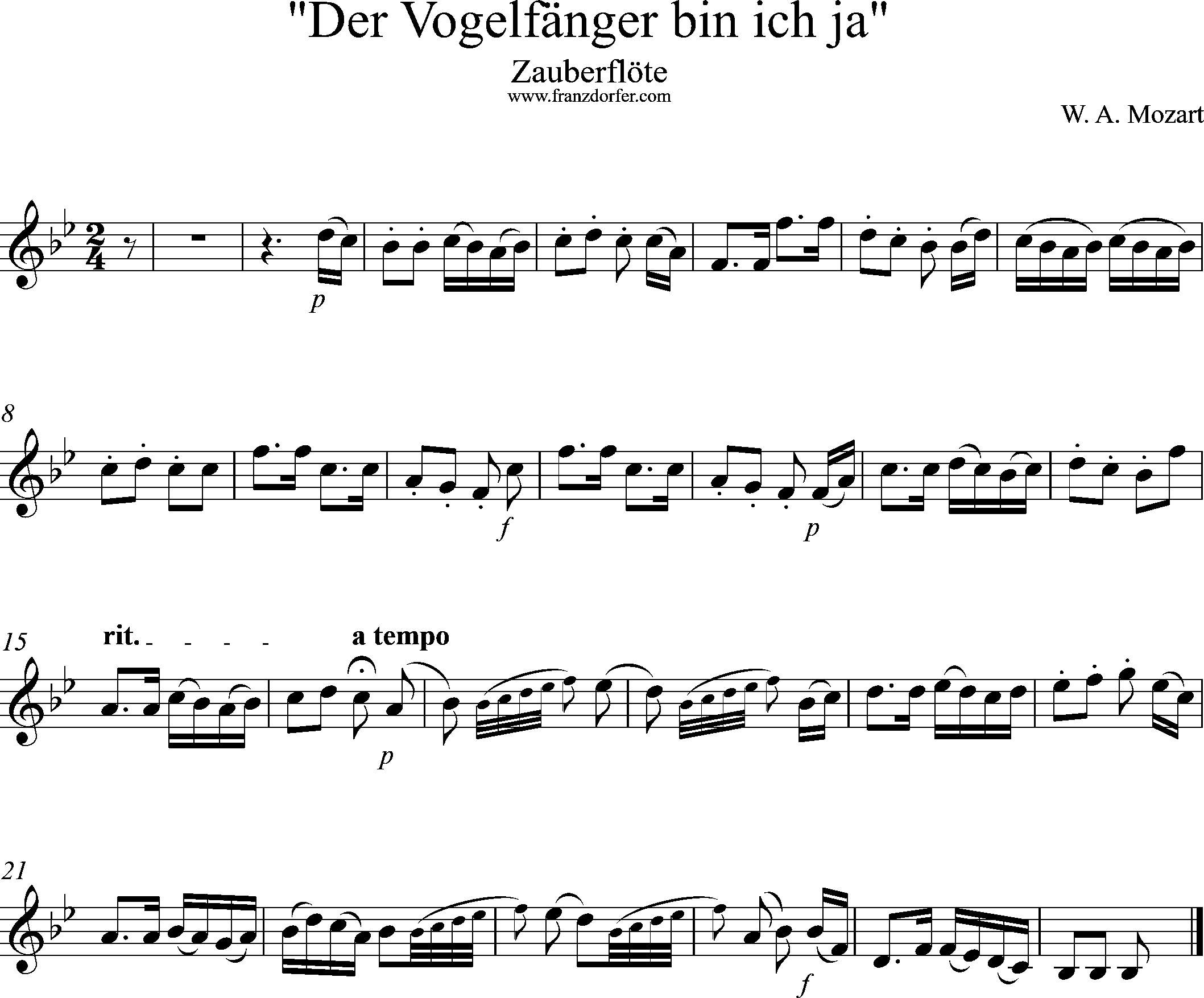 Uauberflöte, Vogelfängerlied, Solostimme, Bb-Dur